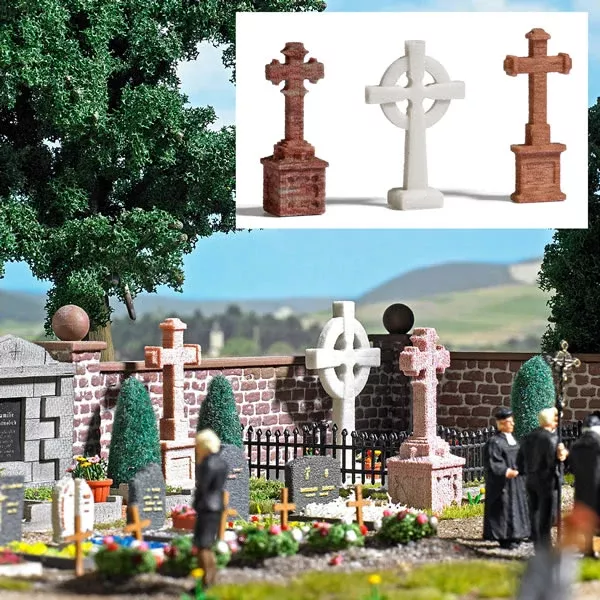 Busch 1096 HO Scale Cemetery Stone Crucifixes/Crosses -- Kit pkg(3)