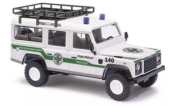Busch 50391 HO Scale 1983 Land Rover Defender SUV – Assembled — Triestingal (white, green, German Lettering, #12 in Mountain Series)