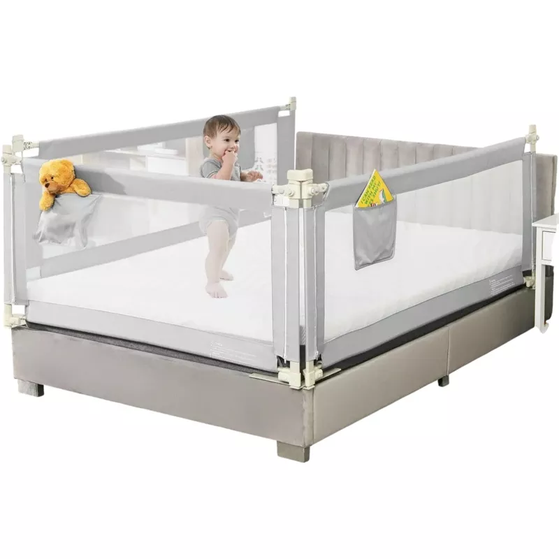 Costway 69.5″ Toddler Bed Rail Guard w/ Anti-Collision Cotton Side Pocket Gray 26109745 New Gray