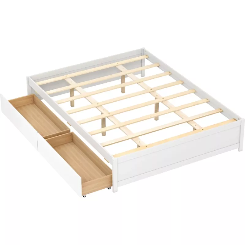 Costway Queen Platform Bed Frame w/ 2 Rolling Storage Drawers 671593842 New White