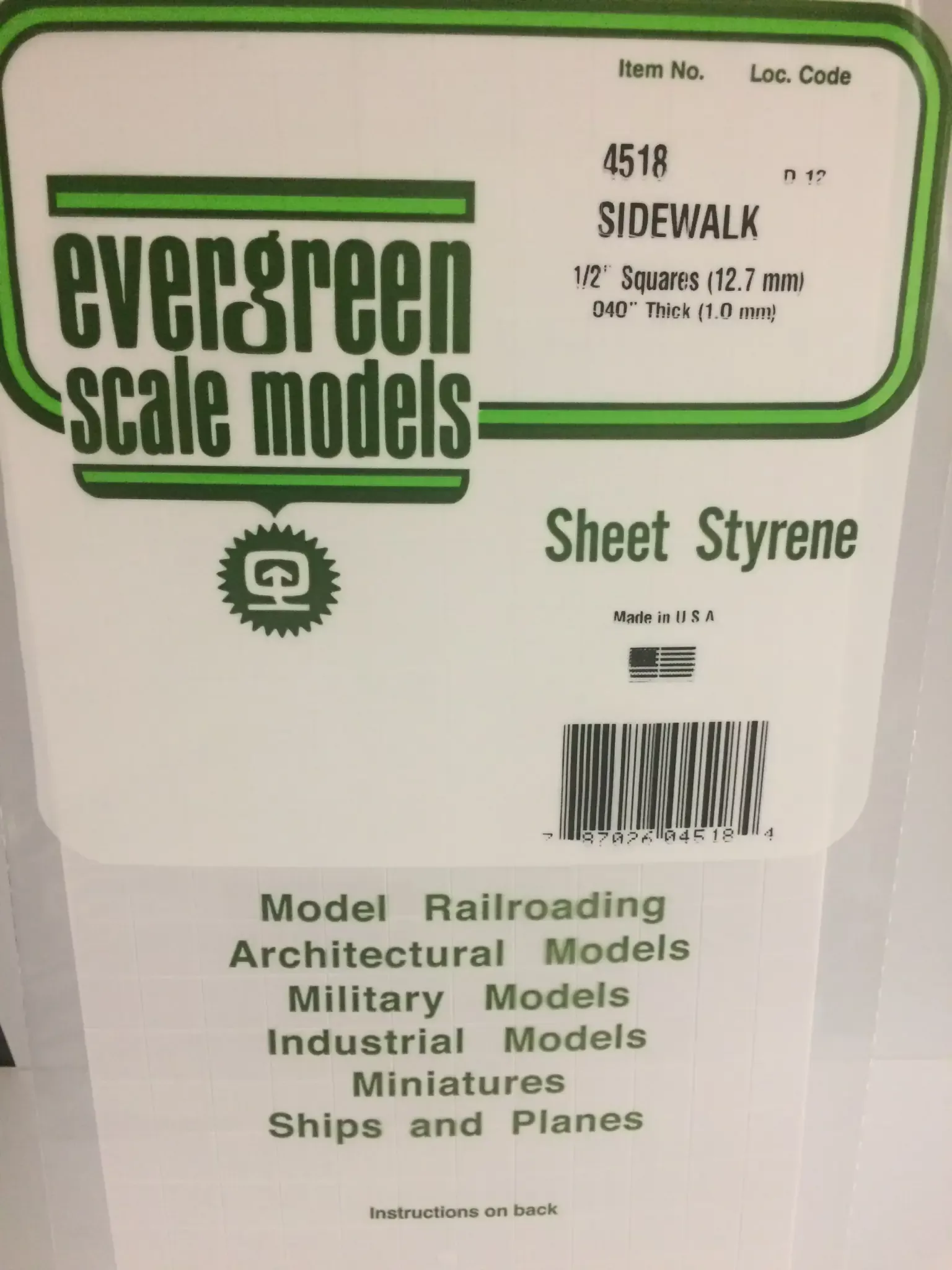 Evergreen 4518 Styrene sidewalk 1/2"