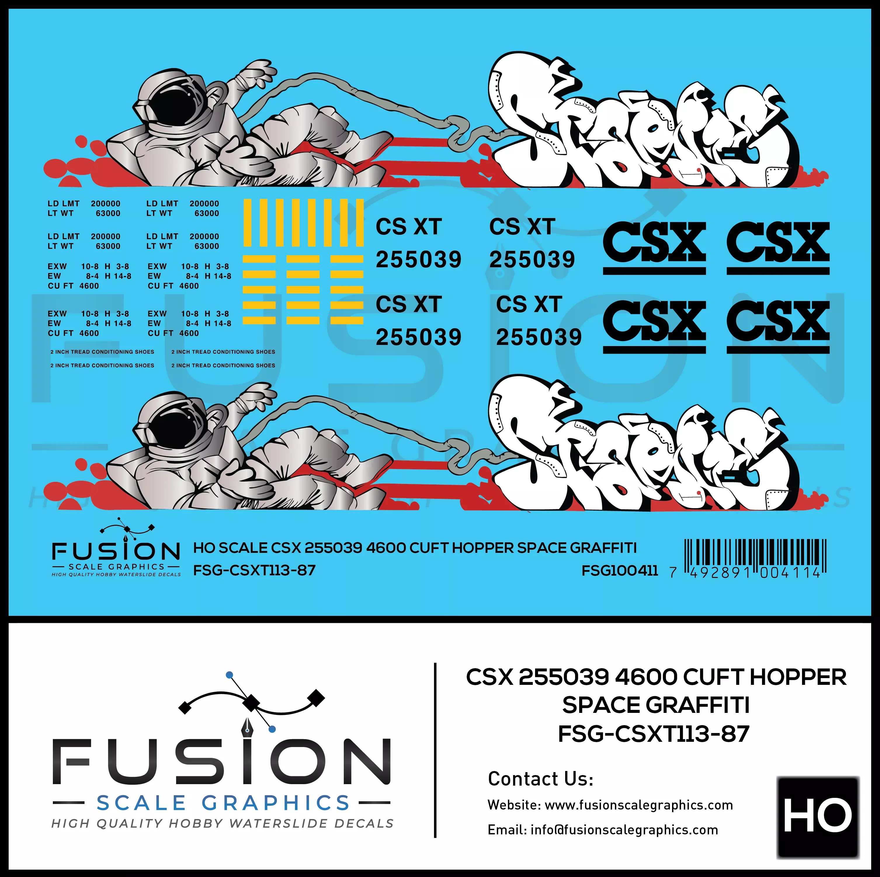 HO Scale CSX 255039 4600 CUFT Hopper Space Graffiti Decal Set