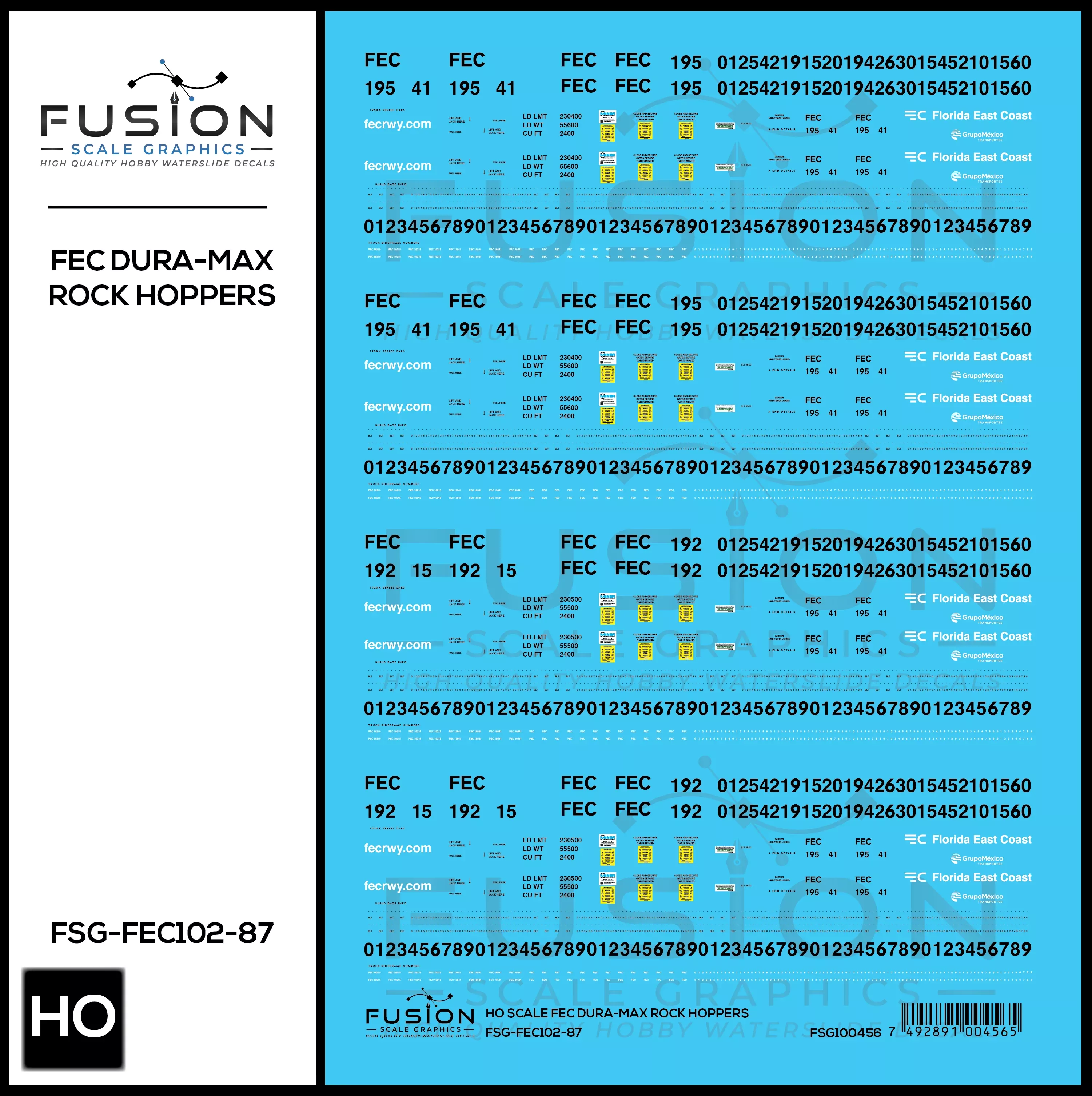 HO Scale Florida East Coast Dura-Max Rock Hopper Cars Decal Set