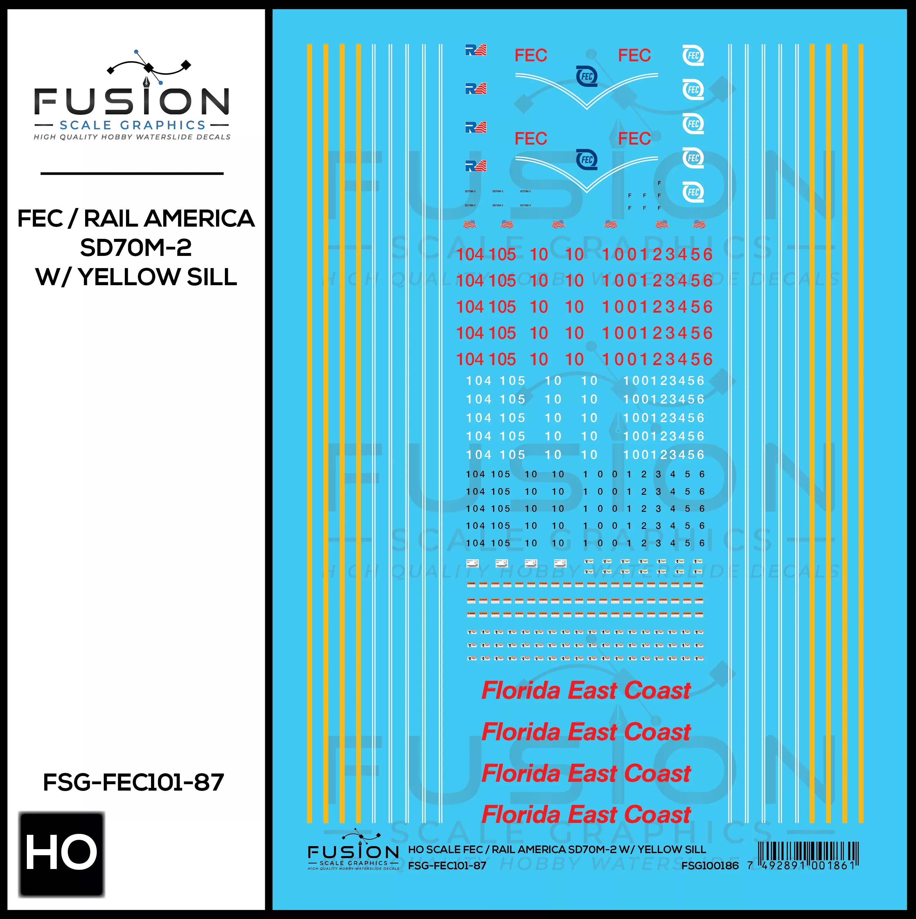 HO Scale Florida East Coast RA SD70M-2 Locomotives W/ Yellow Sill
