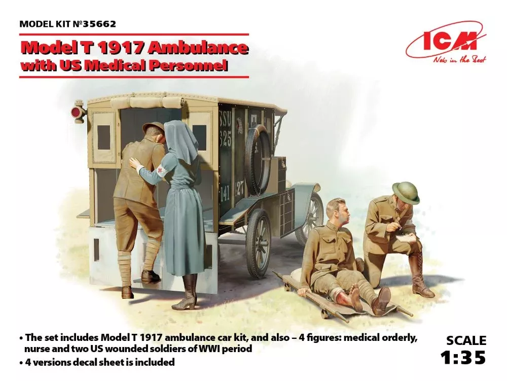 ICM Models 35662 1/35 WWI American Model T 1917 Ambulance w/4 Medical Personnel