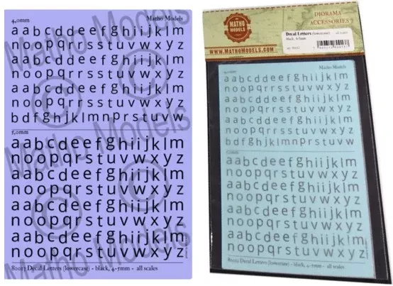 Matho Models 80013 Multi-Scale Black Lower Case 4-5mm Lettering Decals