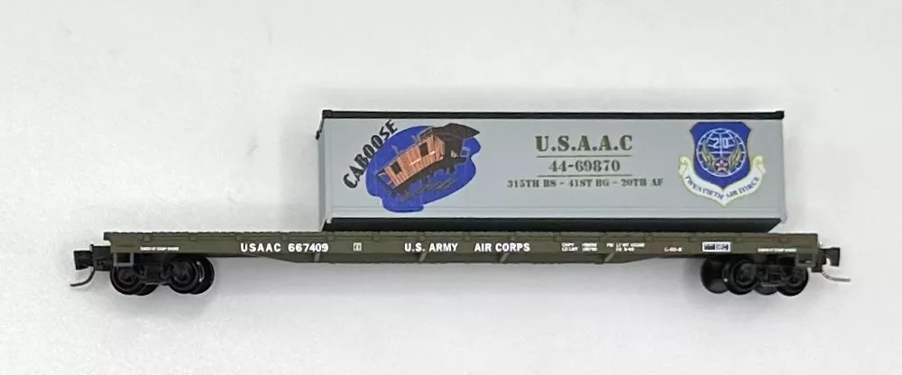 Micro Trains MTL Z Scale 524 00 102 Caboose U.S.A.A.C 60′ Flatcar with Container Load