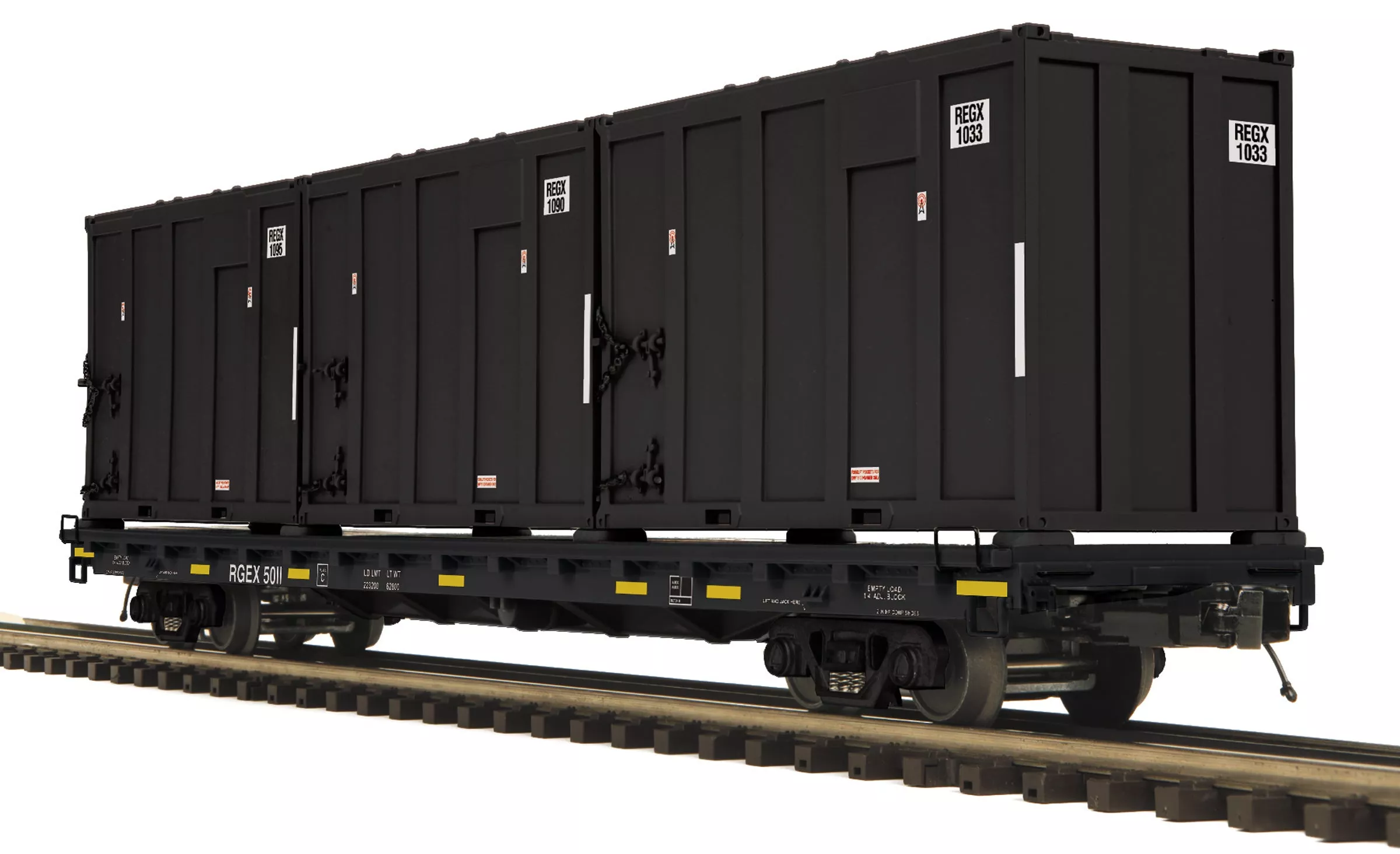 MTH Premier 20-95451 Regus Industries 60′ Flat Car w/Trash Containers #5034. O SCALE NEW Damaged Box