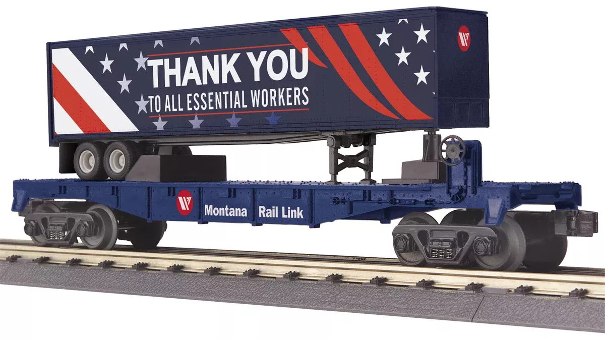 MTH Railking 30-76848 Montana Rail Link Flat Car w/40 Trailer Car ESSENTIAL WORKERS O SCALE NEW