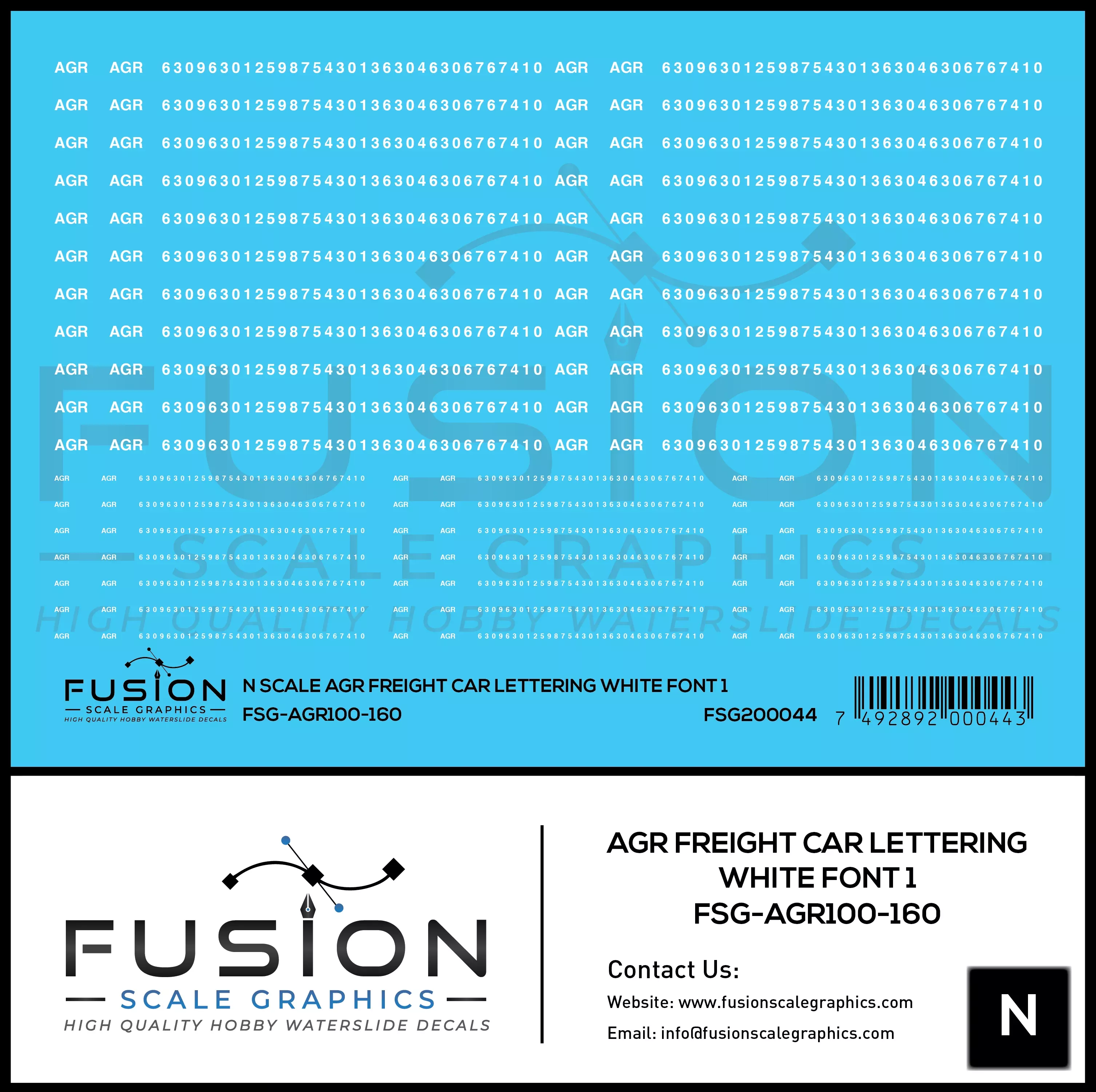 N Scale AGR Freight Car Lettering White Font 1 Decal Set