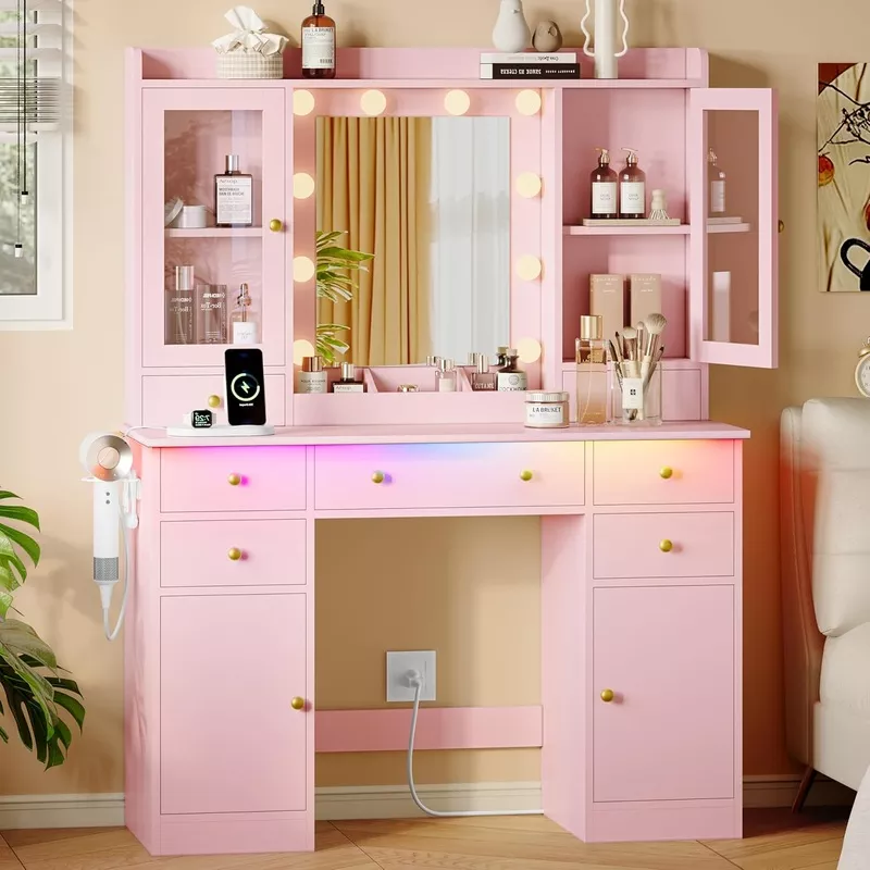 Pink Makeup Vanity Desk with Mirror and Lights
