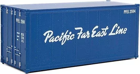 Walthers Scenemaster 8666 HO Scale 20′ Smooth-Side Container – Ready to Run — Pacific Far East Line (blue, white)