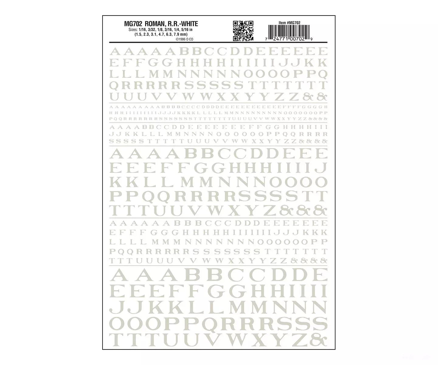 Woodland Scenics 702 Dry Transfer Alphabet – Railroad Roman – 1/16, 3/32, 1/8, 3/16, 1/4 & 5/16″ — White