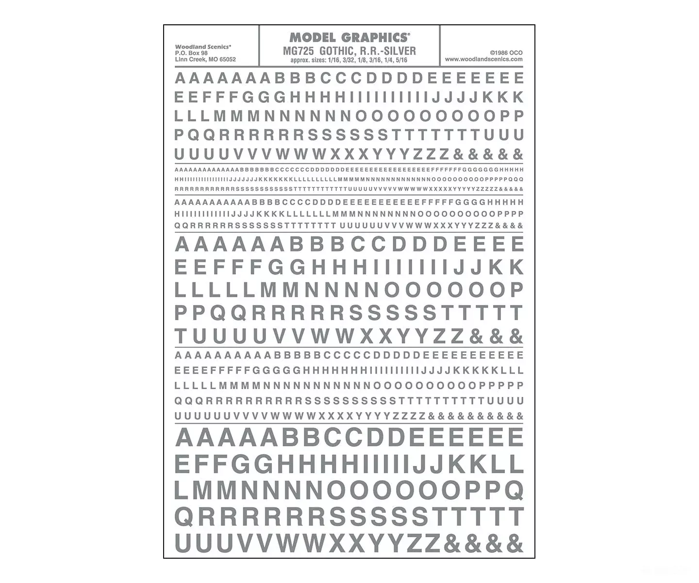 Woodland Scenics 725 Dry Transfer Alphabet & Numbers – Railroad Gothic — Silver