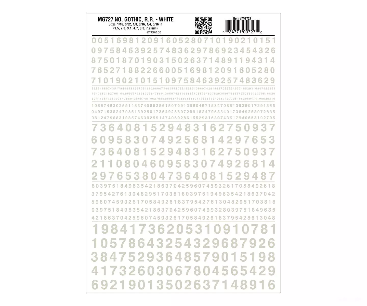 Woodland Scenics 727 Dry Transfer Numbers Only – Railroad Gothic — White